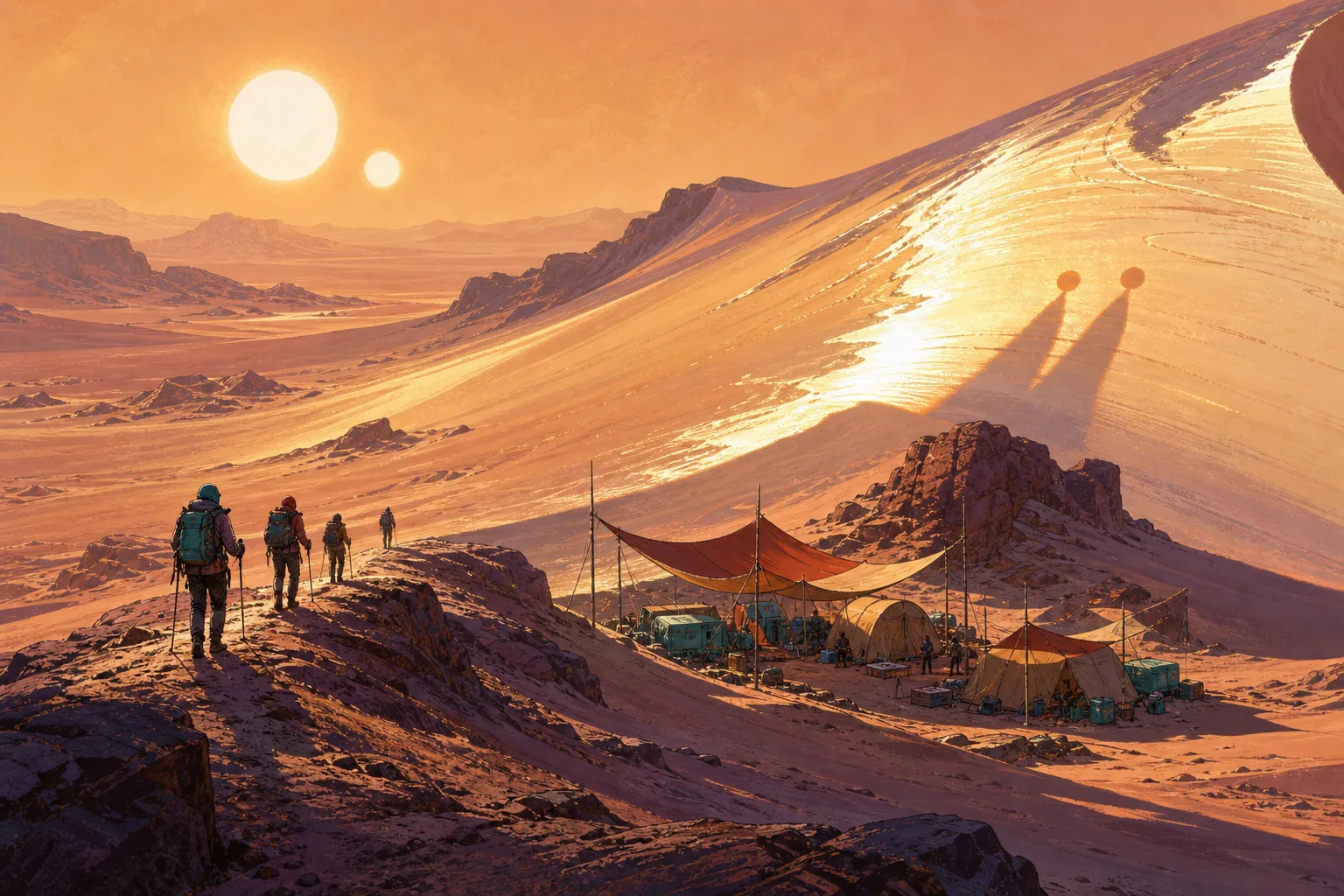 Imagined view of Mirrordune Camp on Aurelia Dune Traverse