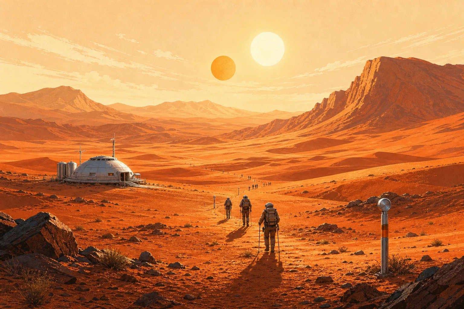 Imagined view of Sunfall Landing on Aurelia Dune Traverse
